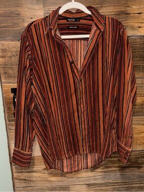 Nasty Gal Men's Striped Button-Down Shirt in Orange, Black & Brown